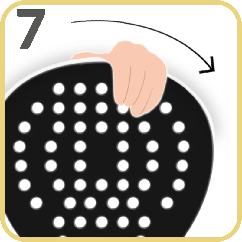 Step 7 — Using the palm of your hand, start pressing and smoothing the protector from the centre towards the right and left sides of the racket.