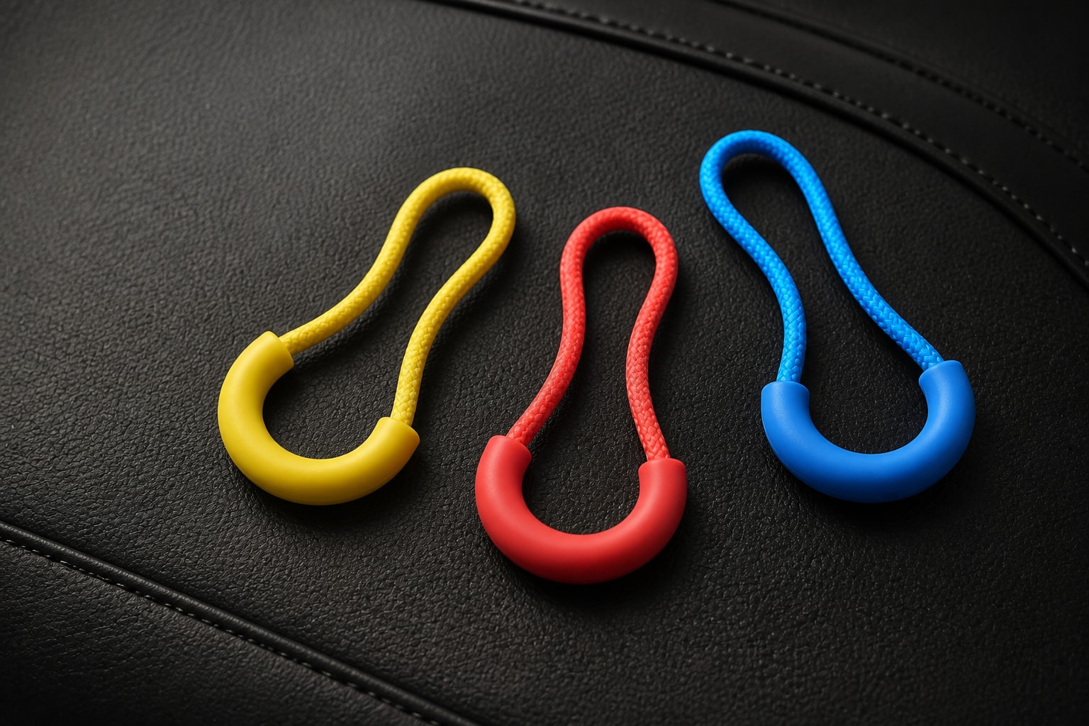 Swappable P-BAG pullers in yellow gold, red and blue on the black shell
