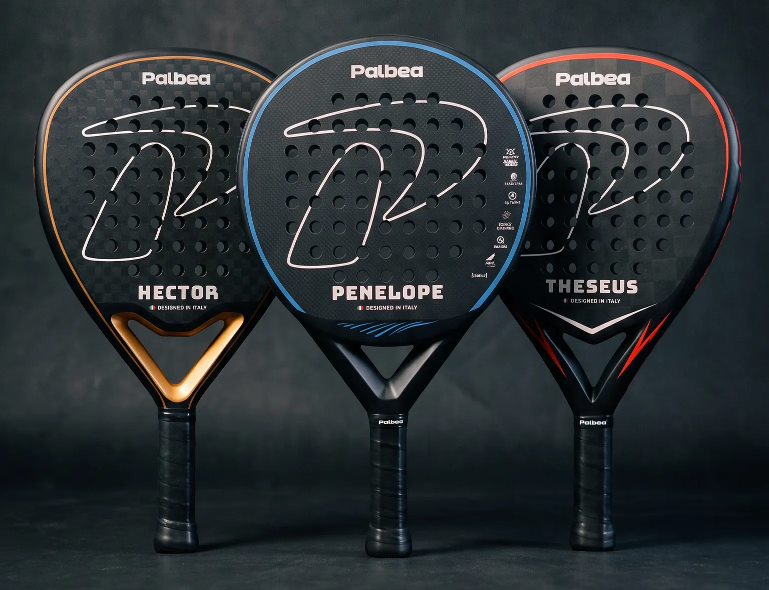 The three Palbea rackets: HECTOR, PENELOPE and THESEUS