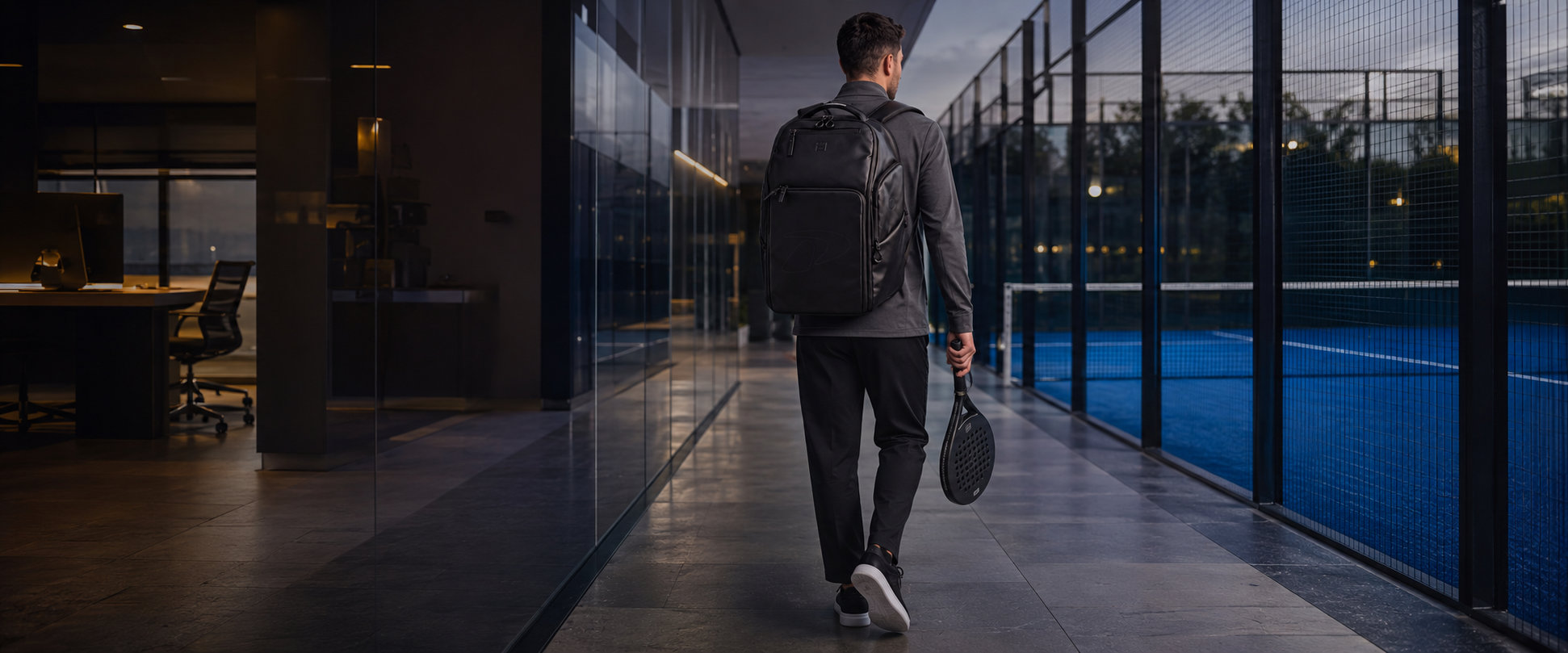 From office to court: P-BAG worn through a glass corridor toward the padel court