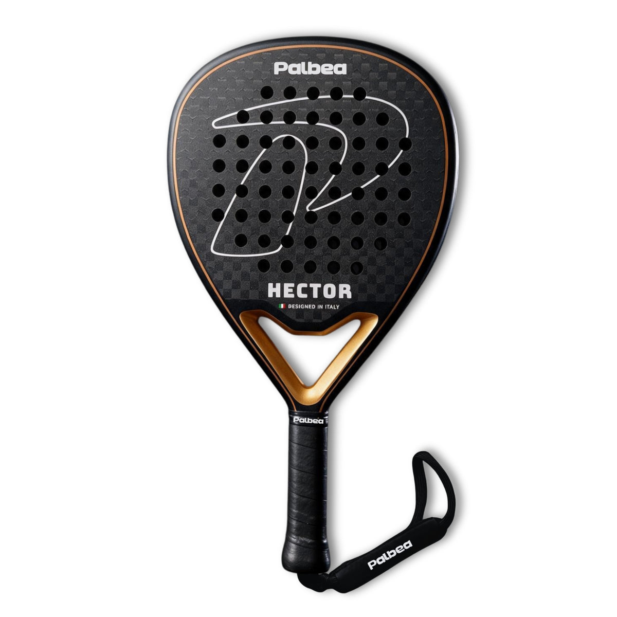HECTOR racchetta da padel Palbea, vista frontale con strap