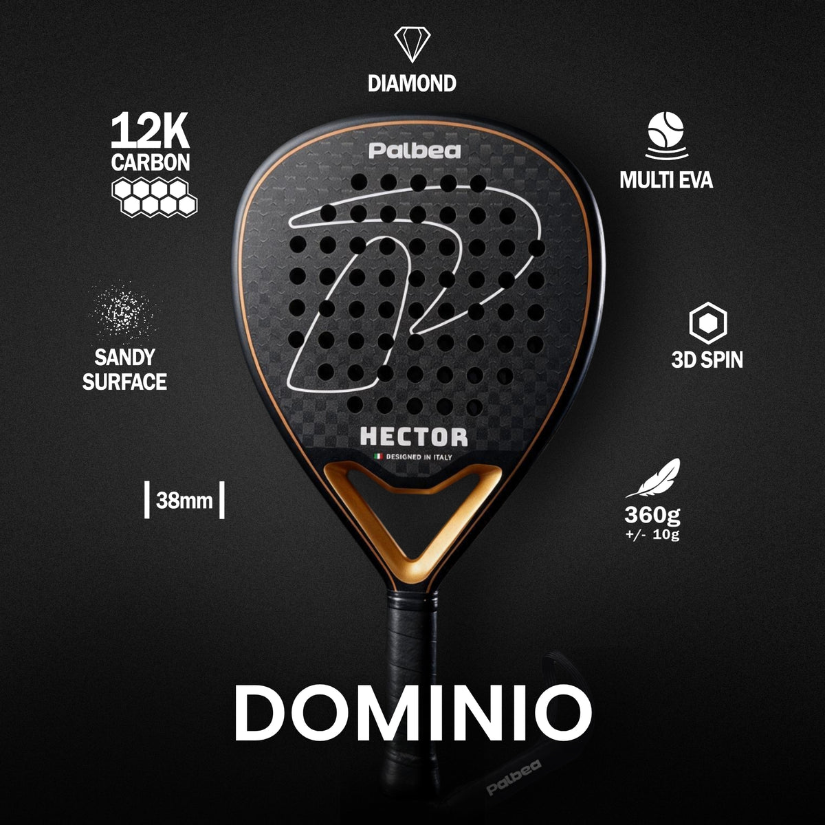 HECTOR racchetta da padel Palbea, caratteristiche: carbonio 12K, Multi EVA, forma diamante