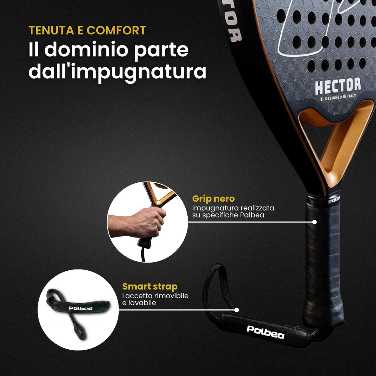 HECTOR racchetta da padel Palbea, grip nero e laccetto rimovibile