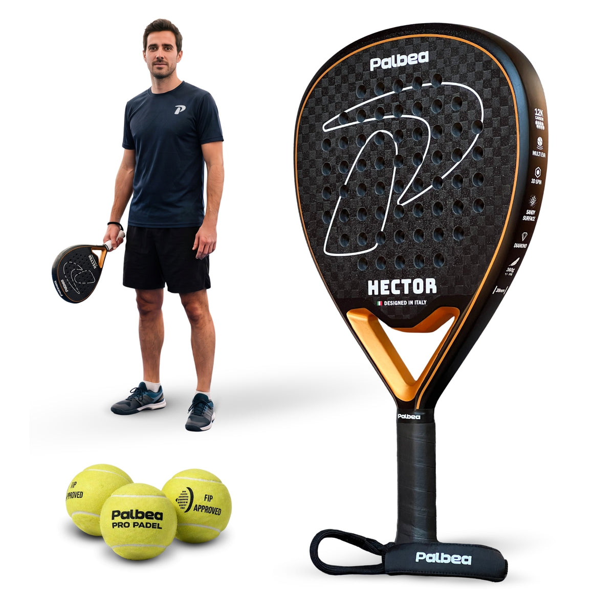 HECTOR racchetta da padel Palbea, con giocatore per le proporzioni