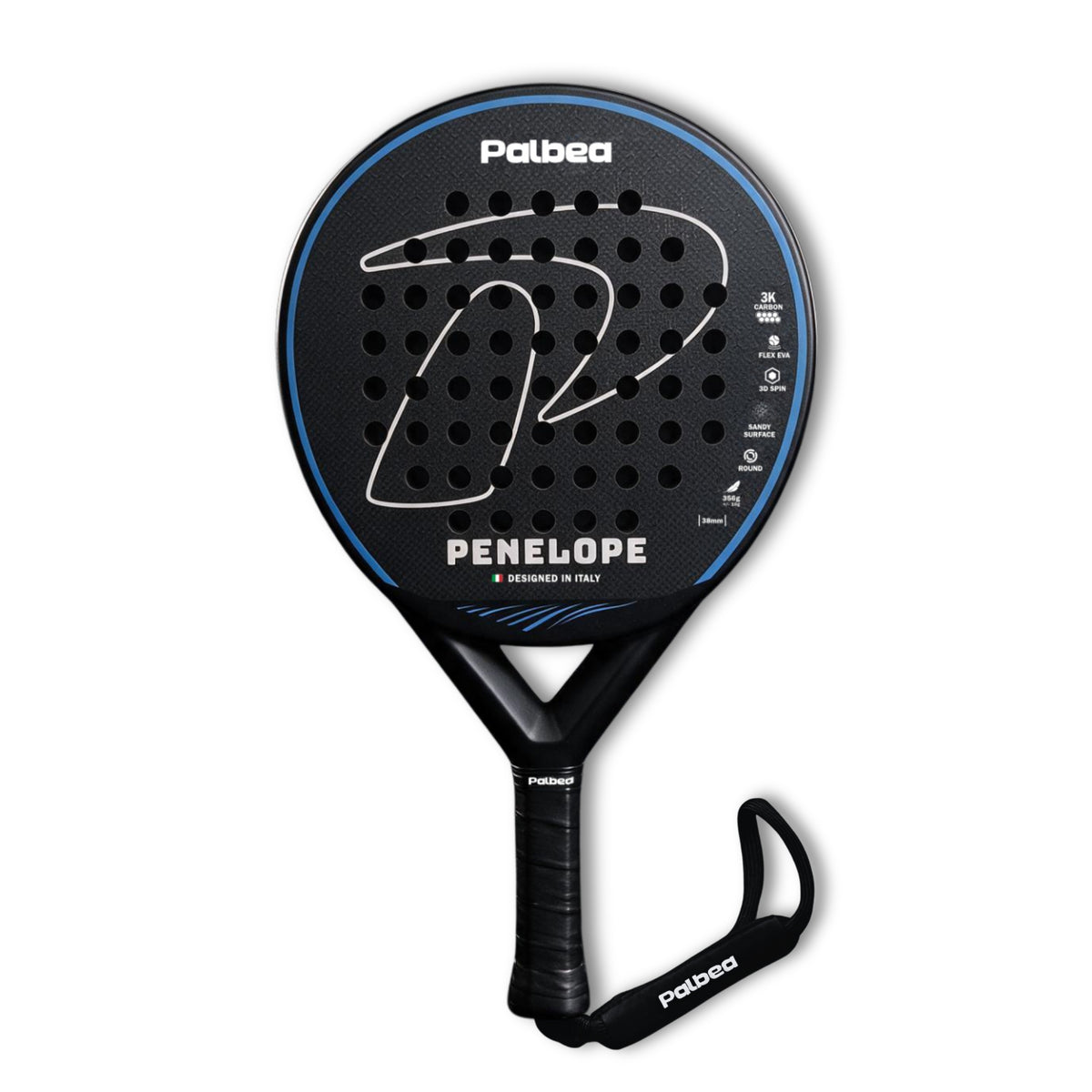 PENELOPE racchetta da padel Palbea, vista frontale con strap
