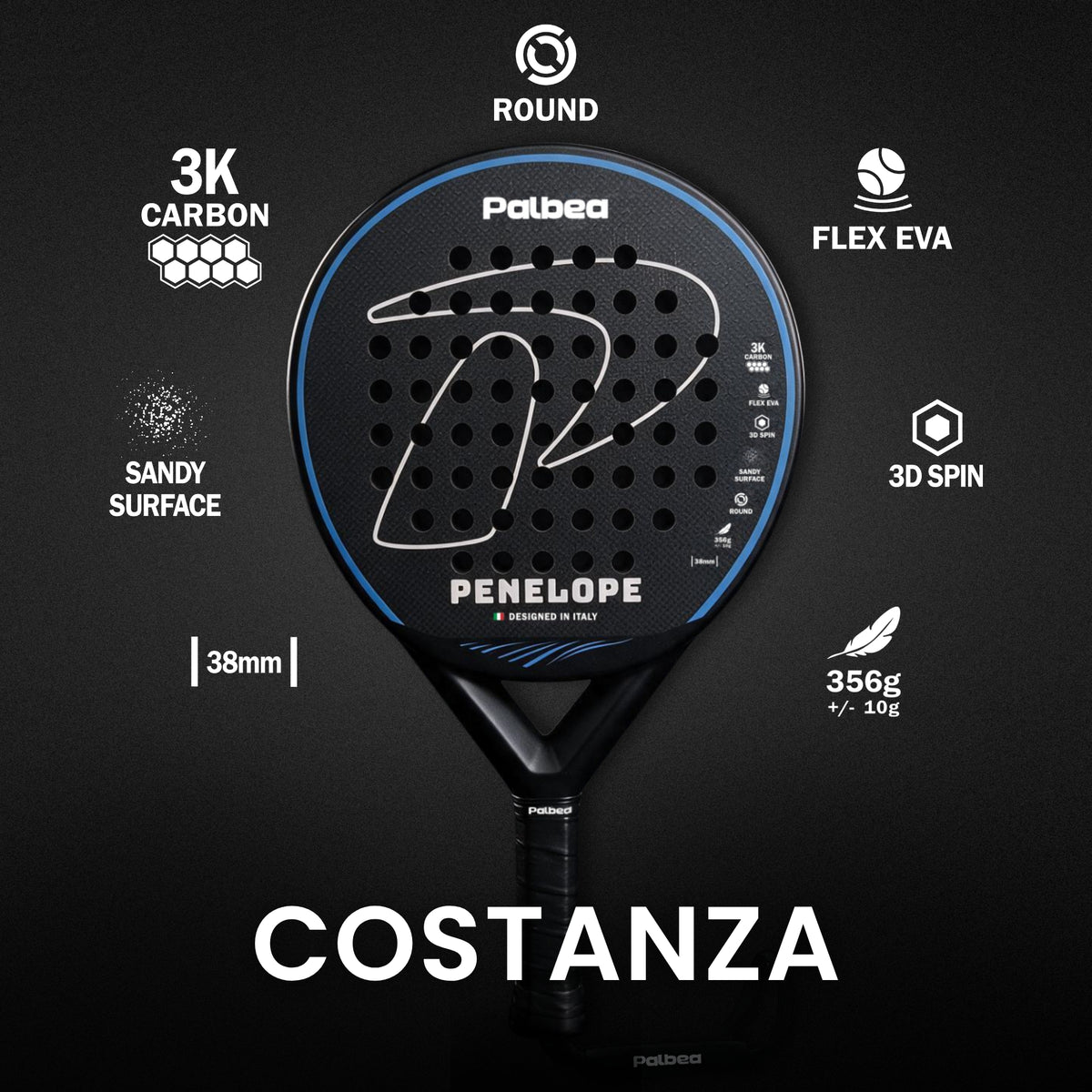 PENELOPE racchetta da padel Palbea, caratteristiche: carbonio 3K, EVA High Elasticity, forma round