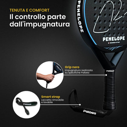 PENELOPE racchetta da padel Palbea, grip nero e laccetto rimovibile