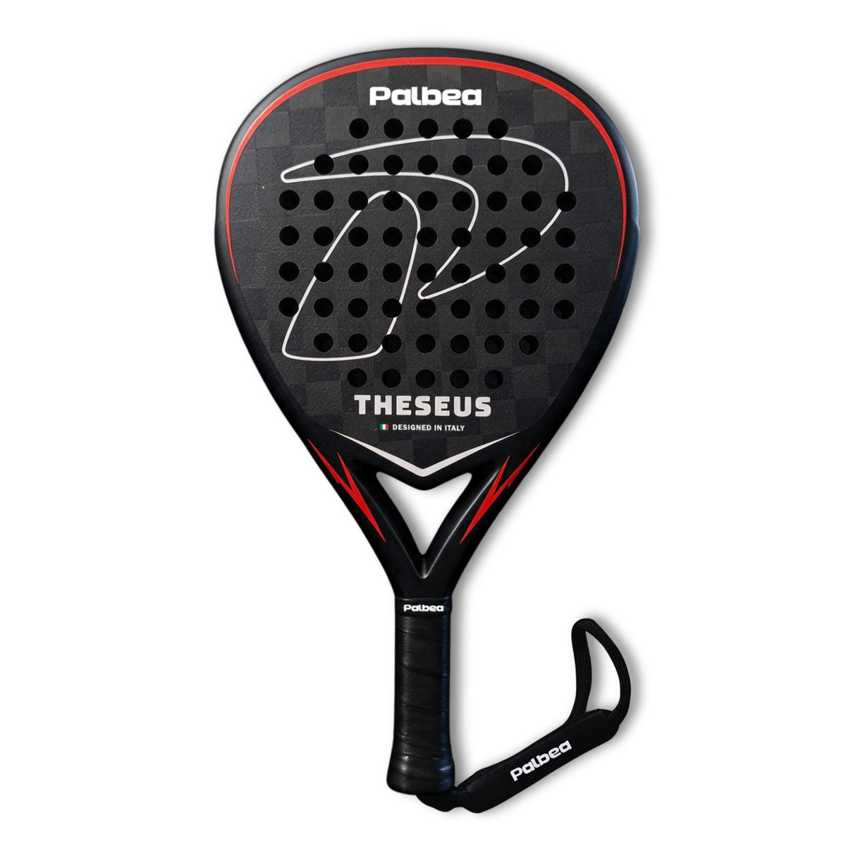 THESEUS racchetta da padel Palbea, vista frontale con strap