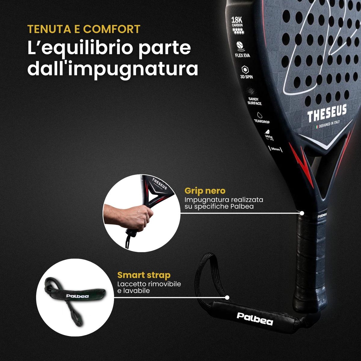 THESEUS racchetta da padel Palbea, grip nero e laccetto rimovibile