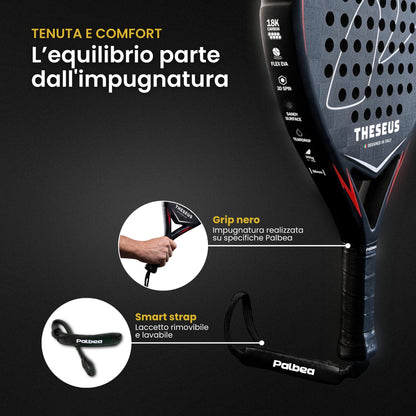 THESEUS racchetta da padel Palbea, grip nero e laccetto rimovibile